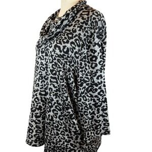 Animal Print Cowl Neck Tunic Sweater Gray Black Sparkle Glam Cozy Cabincore 3XL